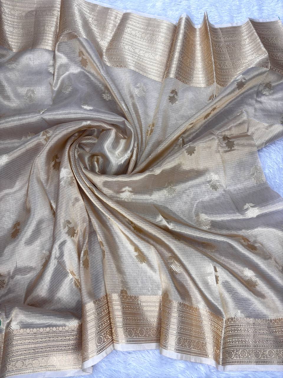 Handwoven Antique Gold Banarasi Tissue Silk Saree with Grand Meenakari Lotus Jaal and Ornate Zari Border