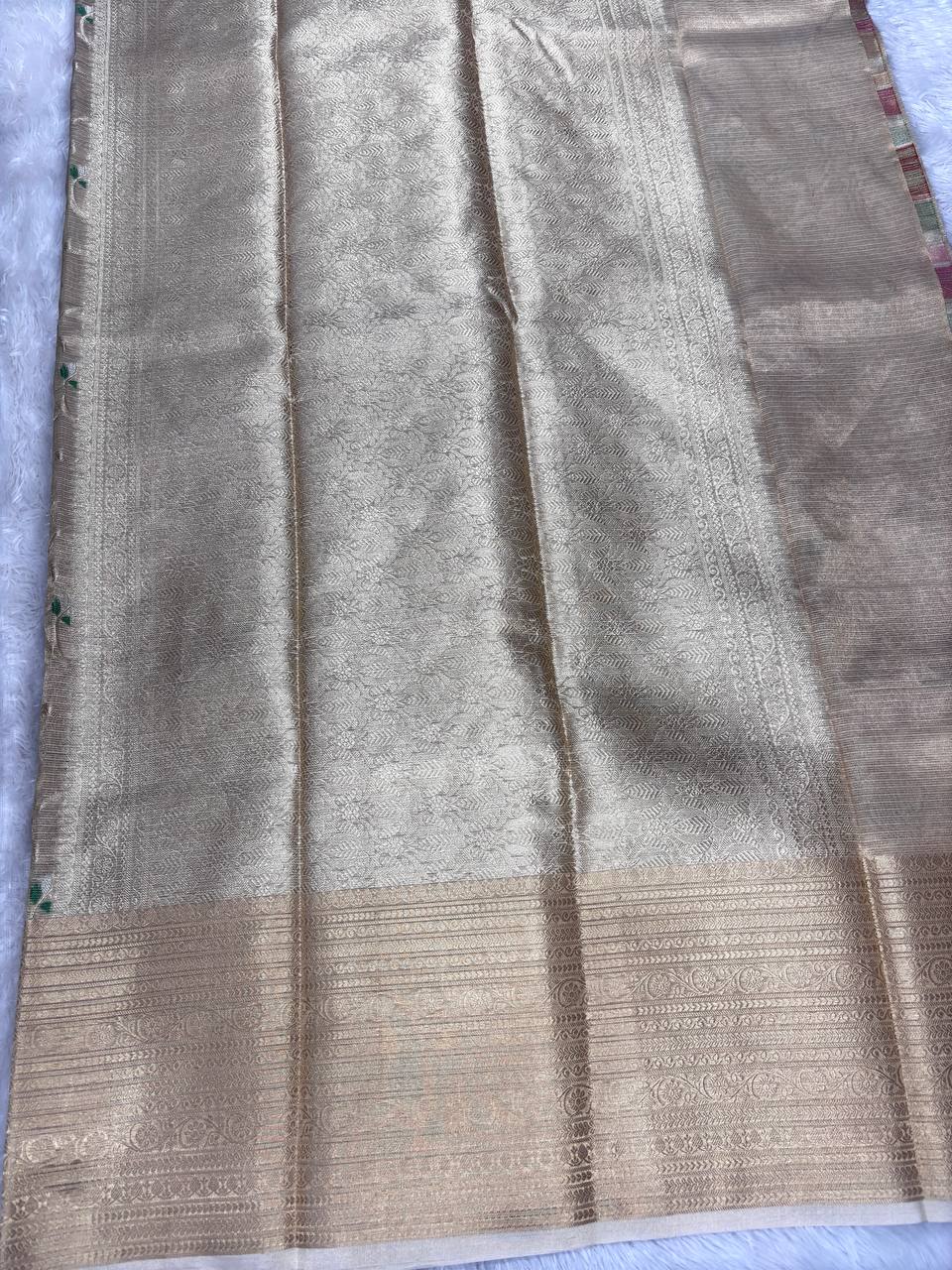 Handwoven Antique Gold Banarasi Tissue Silk Saree with Grand Meenakari Lotus Jaal and Ornate Zari Border
