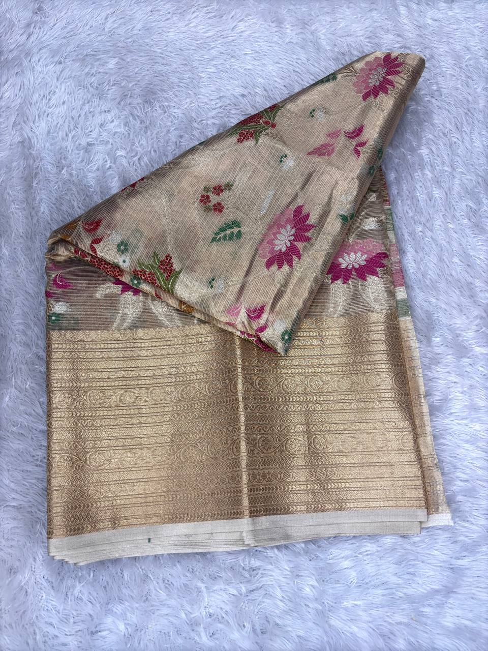 Handwoven Antique Gold Banarasi Tissue Silk Saree with Grand Meenakari Lotus Jaal and Ornate Zari Border