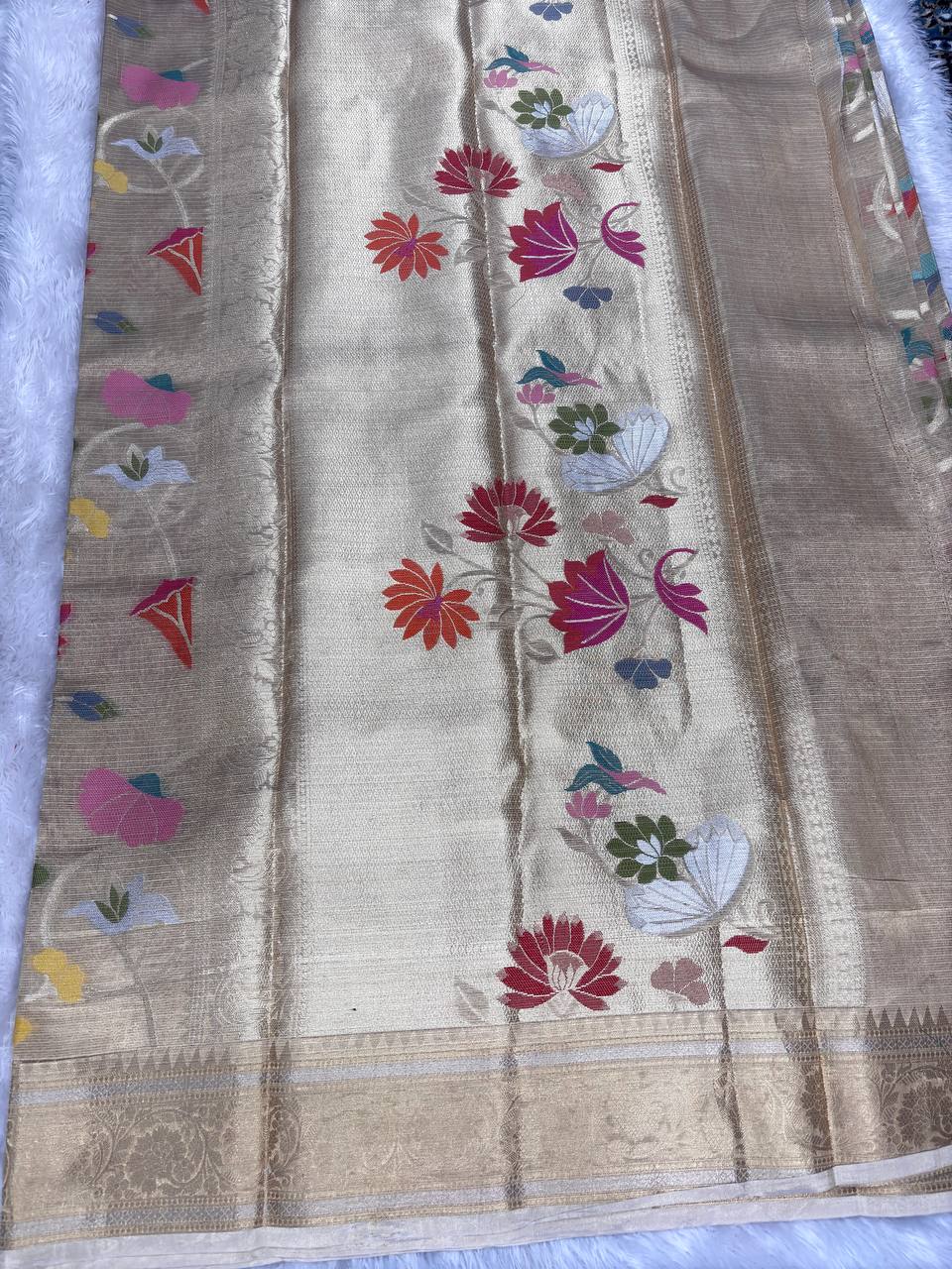 Handwoven Antique Champagne Banarasi Tissue Silk Saree with Bold Meenakari Lotus Jaal and Kadhwa Zari Border