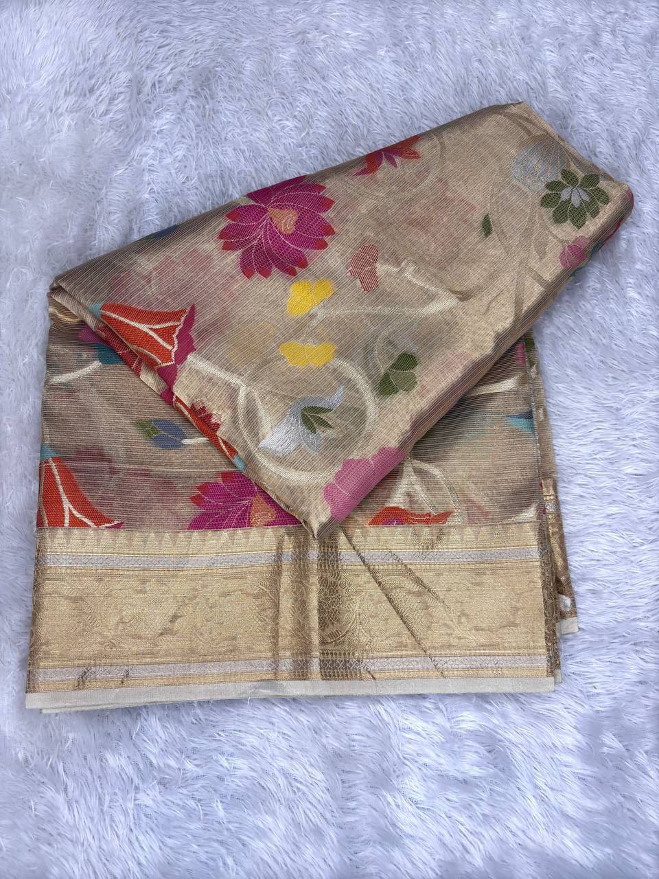 Handwoven Antique Champagne Banarasi Tissue Silk Saree with Bold Meenakari Lotus Jaal and Kadhwa Zari Border