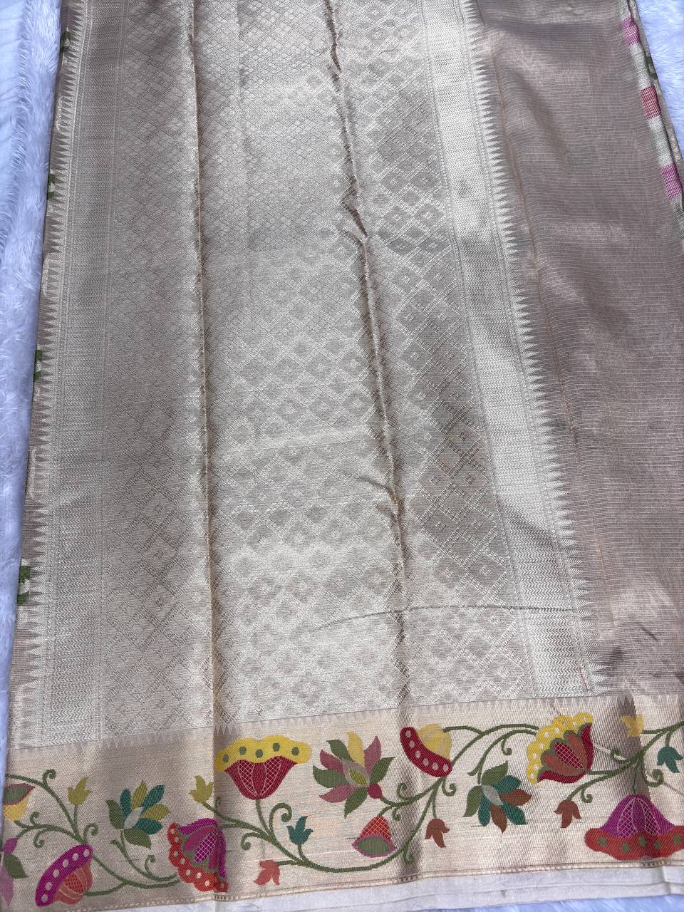 Handwoven Muted Gold Banarasi Tissue Silk Saree with Geometric Zari Jaal and Ornate Meenakari Bell-Flower Border