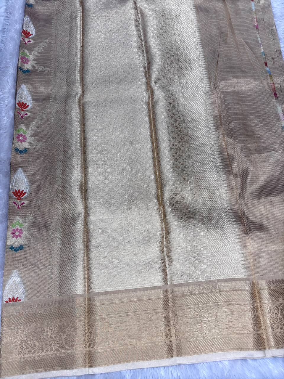 Handwoven Antique Champagne Banarasi Tissue Silk Saree with Meenakari Paisley Medallions and Ornate Zari Border