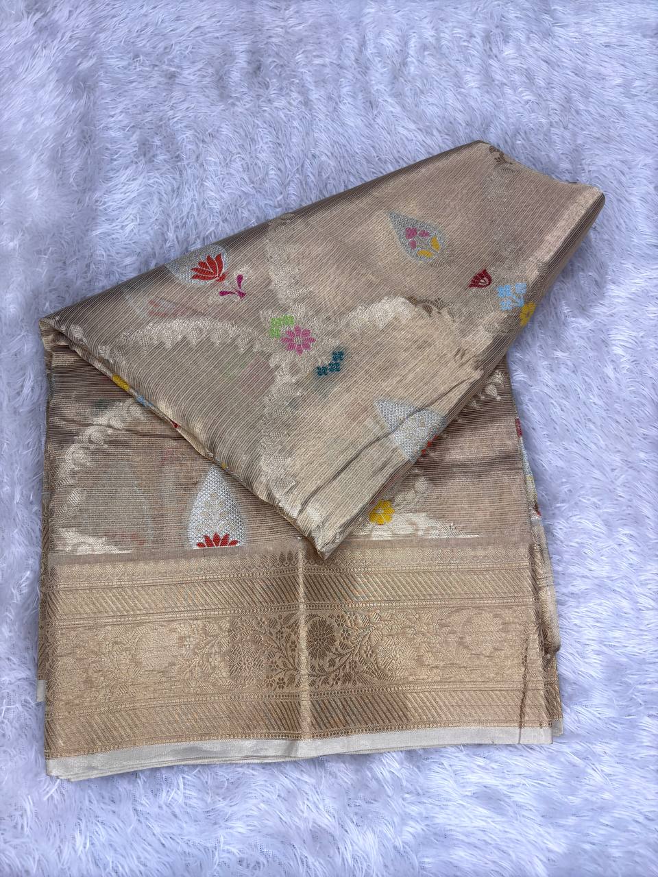 Handwoven Antique Champagne Banarasi Tissue Silk Saree with Meenakari Paisley Medallions and Ornate Zari Border