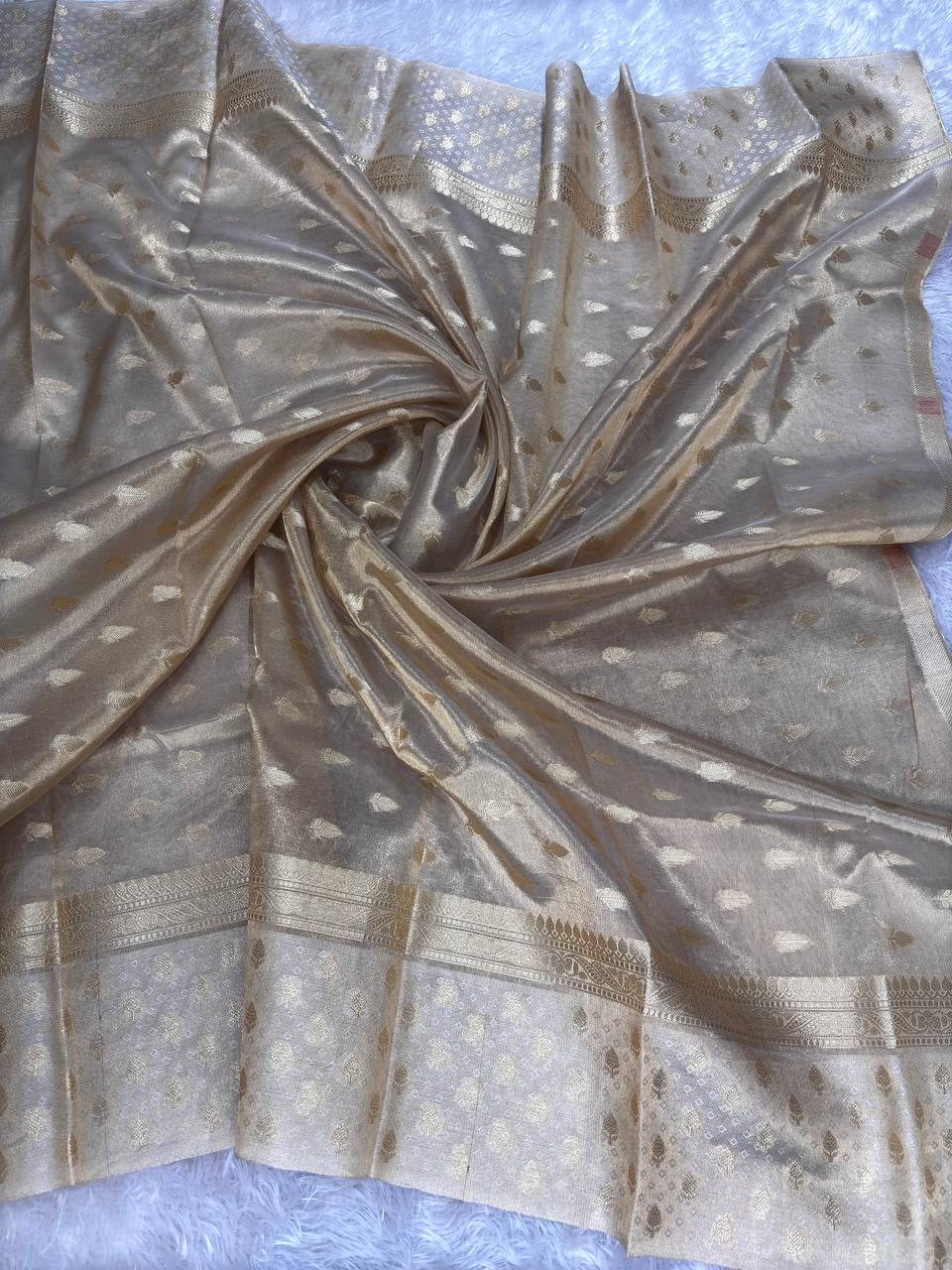 Handwoven Antique Gold Banarasi Tissue Silk Saree with Contrast Silver Zari Border and Dainty Meenakari Accents