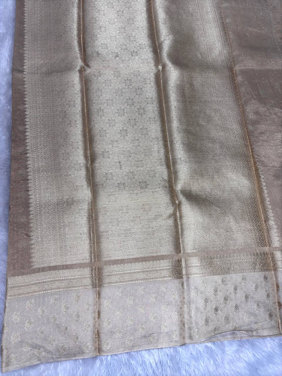 Handwoven Antique Gold Banarasi Tissue Silk Saree with Contrast Silver Zari Border and Dainty Meenakari Accents