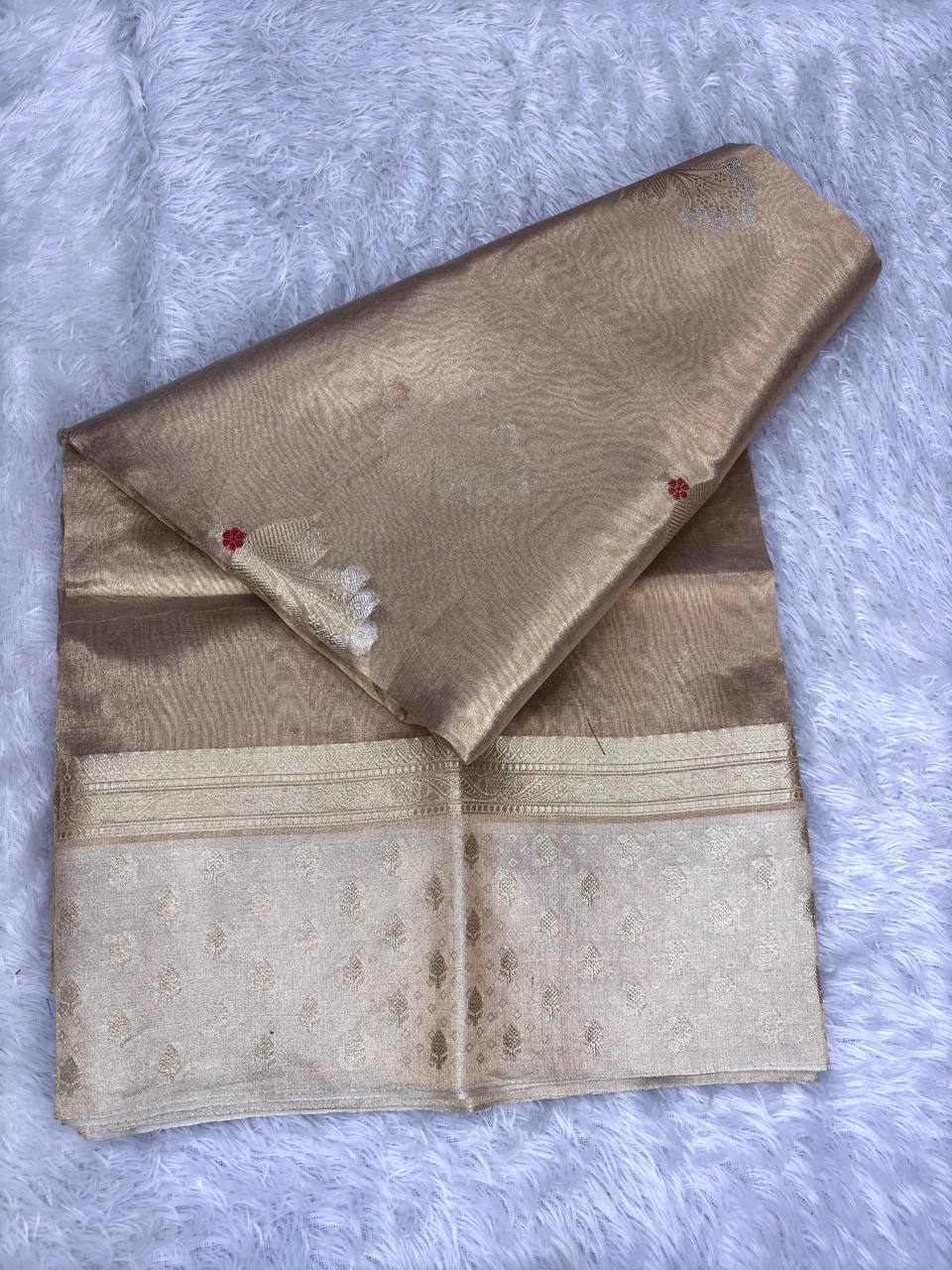 Handwoven Antique Gold Banarasi Tissue Silk Saree with Contrast Silver Zari Border and Dainty Meenakari Accents