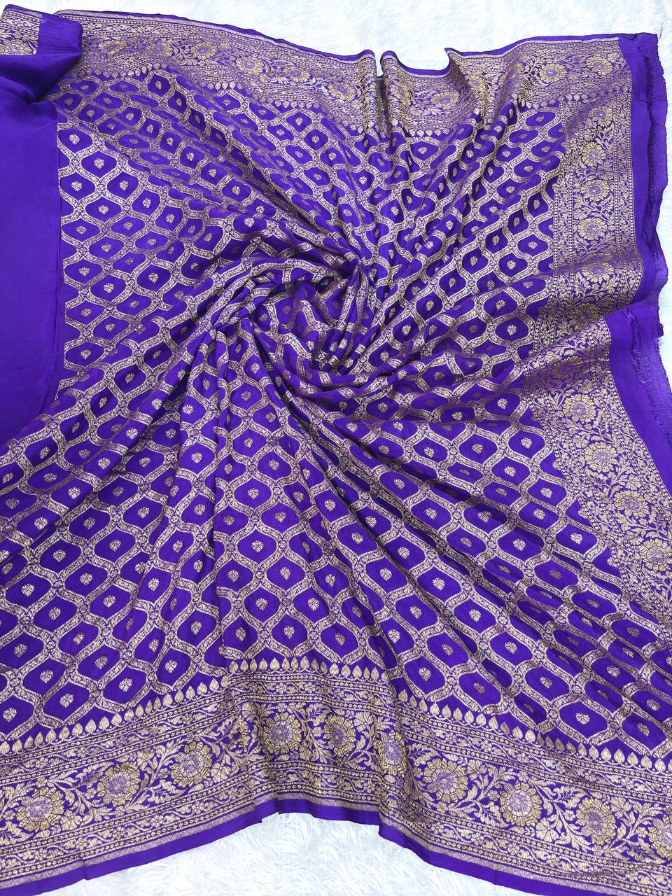 Royal Purple Banarasi Khaddi Crepe Georgette Saree with Ornate Sona-Rupa Zari Border and Scalloped Pallu