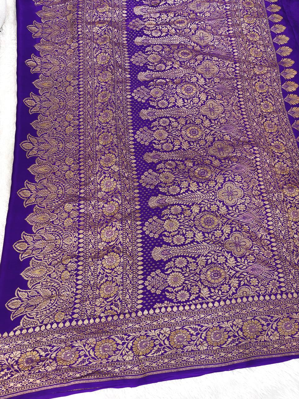 Royal Purple Banarasi Khaddi Crepe Georgette Saree with Ornate Sona-Rupa Zari Border and Scalloped Pallu