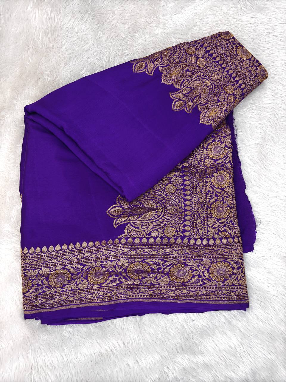 Royal Purple Banarasi Khaddi Crepe Georgette Saree with Ornate Sona-Rupa Zari Border and Scalloped Pallu