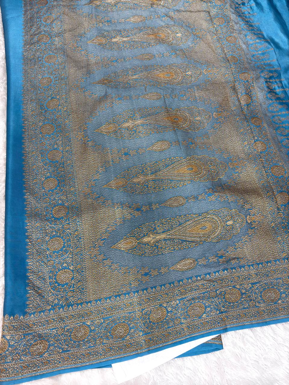Cerulean Blue Banarasi Khaddi Crepe Georgette Saree with Ornate Antique Gold Zari Border and Scalloped Pallu