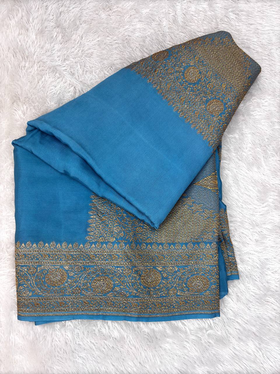 Cerulean Blue Banarasi Khaddi Crepe Georgette Saree with Ornate Antique Gold Zari Border and Scalloped Pallu