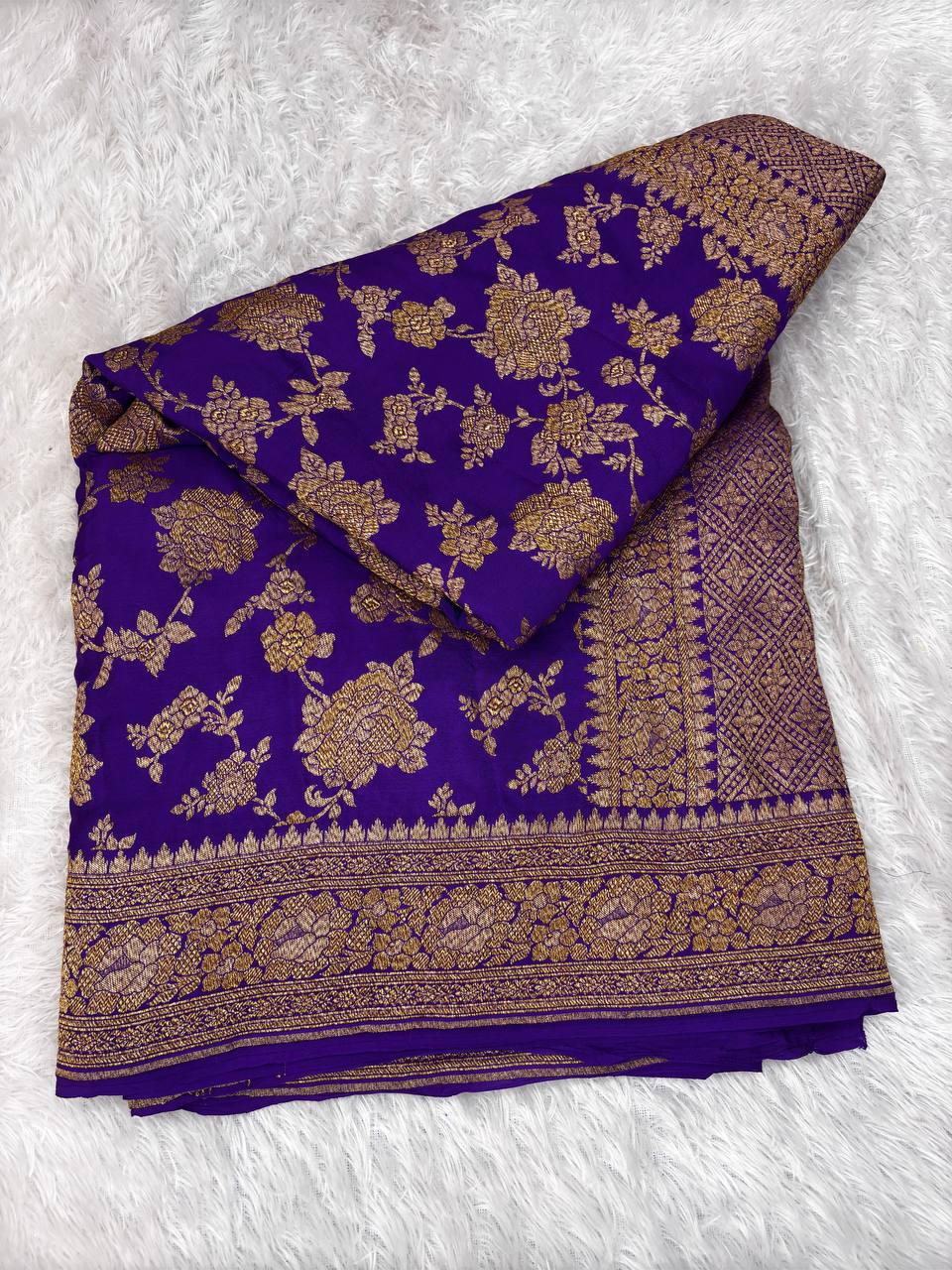 Royal Purple Khaddi Crepe Georgette Saree with All-Over Antique Gold Floral Jaal and Ornate Zari Pallu