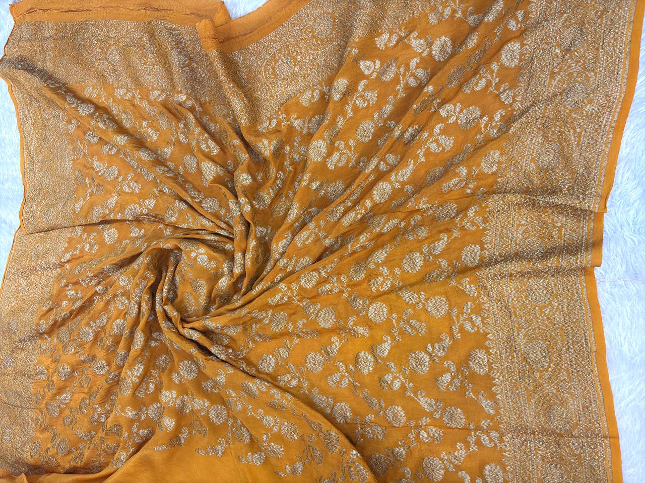 Ochre Mustard Khaddi Crepe Georgette Saree with Antique Silver Zari Jaal and Scalloped Paisley Pallu