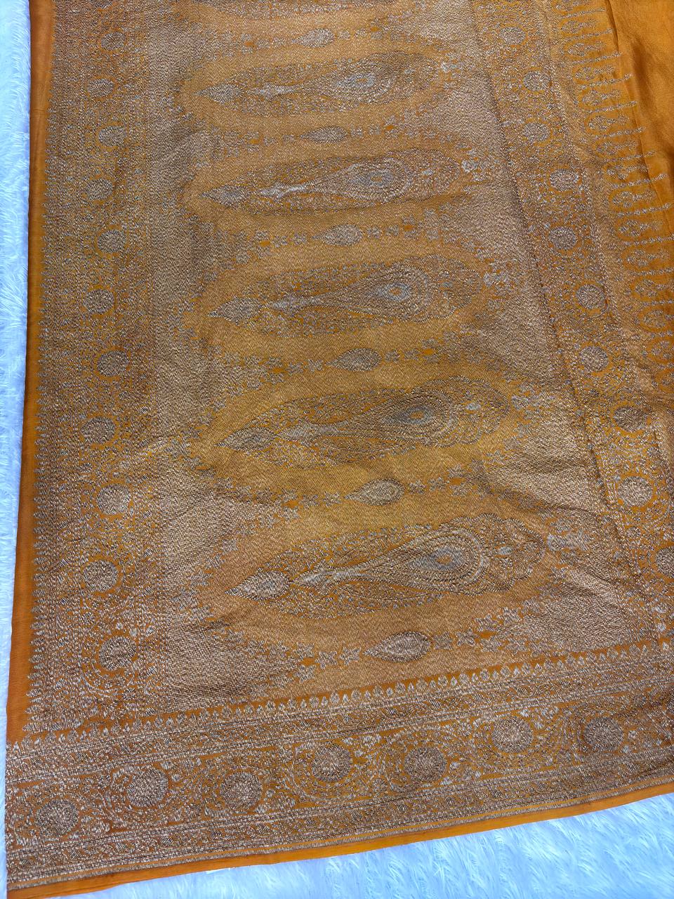 Ochre Mustard Khaddi Crepe Georgette Saree with Antique Silver Zari Jaal and Scalloped Paisley Pallu