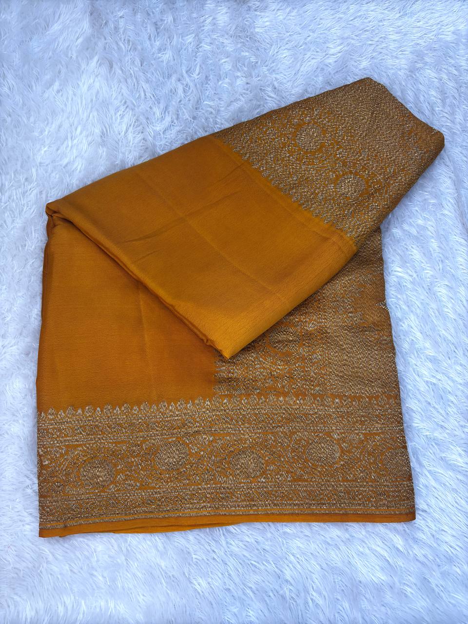 Ochre Mustard Khaddi Crepe Georgette Saree with Antique Silver Zari Jaal and Scalloped Paisley Pallu