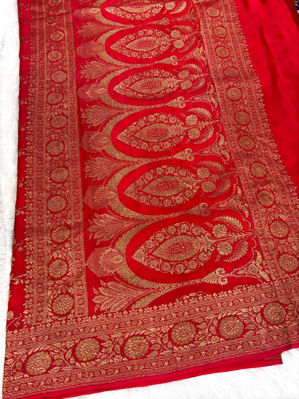 Classic Crimson Red Banarasi Khaddi Crepe Georgette Saree with Ornate Gold Floral Jaal and Scalloped Pallu