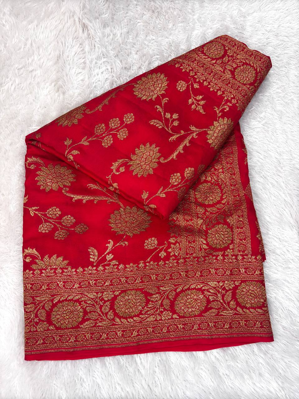 Classic Crimson Red Banarasi Khaddi Crepe Georgette Saree with Ornate Gold Floral Jaal and Scalloped Pallu