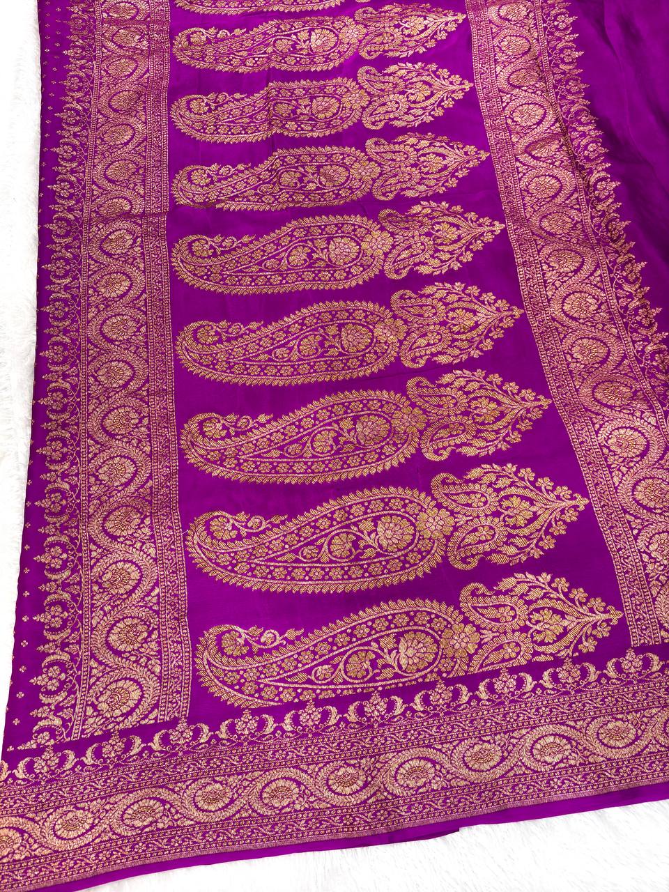 Magenta Pink Khaddi Crepe Georgette Saree with Fine Antique Gold Buti Jaal and Ornate Paisley Pallu