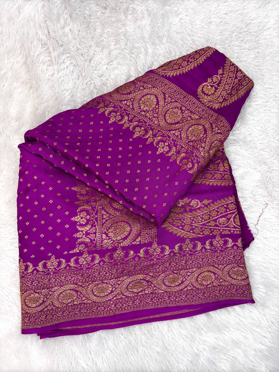 Magenta Pink Khaddi Crepe Georgette Saree with Fine Antique Gold Buti Jaal and Ornate Paisley Pallu