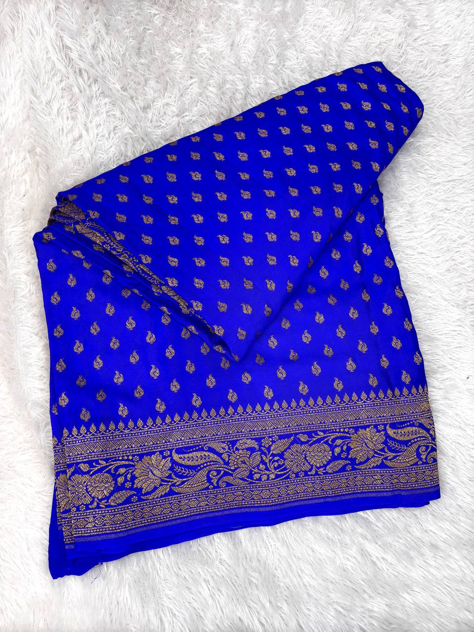 Vibrant Royal Blue Khaddi Crepe Georgette Saree with Fine Antique Gold Buti Jaal and Ornate Floral Pallu