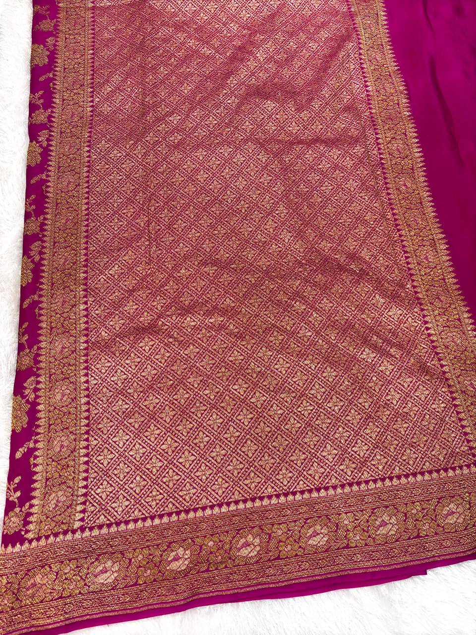 Deep Fuchsia Khaddi Crepe Georgette Saree with All-Over Antique Gold Rose Jaal and Diamond-Grid Pallu