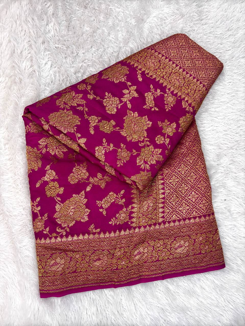 Deep Fuchsia Khaddi Crepe Georgette Saree with All-Over Antique Gold Rose Jaal and Diamond-Grid Pallu
