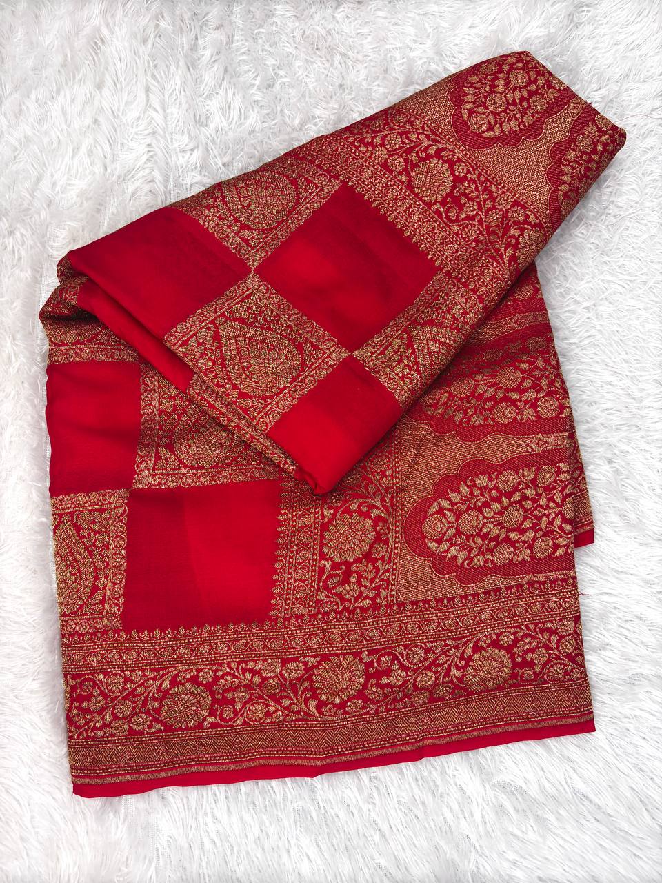 Bridal Red Khaddi Crepe Georgette Saree with Ornate Zari Chowka Jaal and Scalloped Paisley Pallu