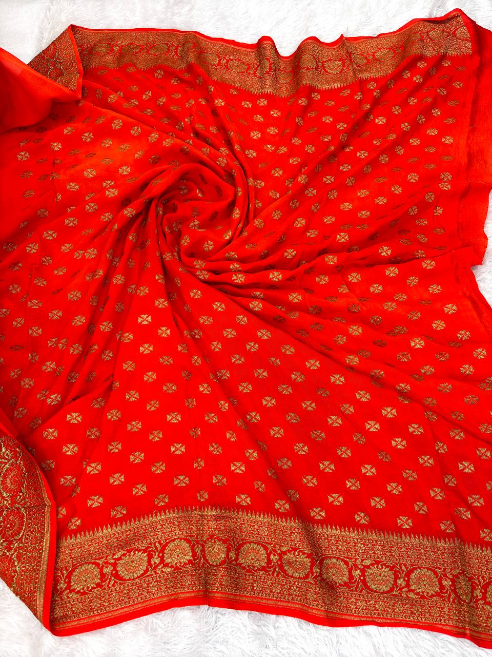 Vibrant Scarlet Red Banarasi Khaddi Crepe Georgette Saree with Geometric Zari Jaal and Scalloped Architectural Pallu