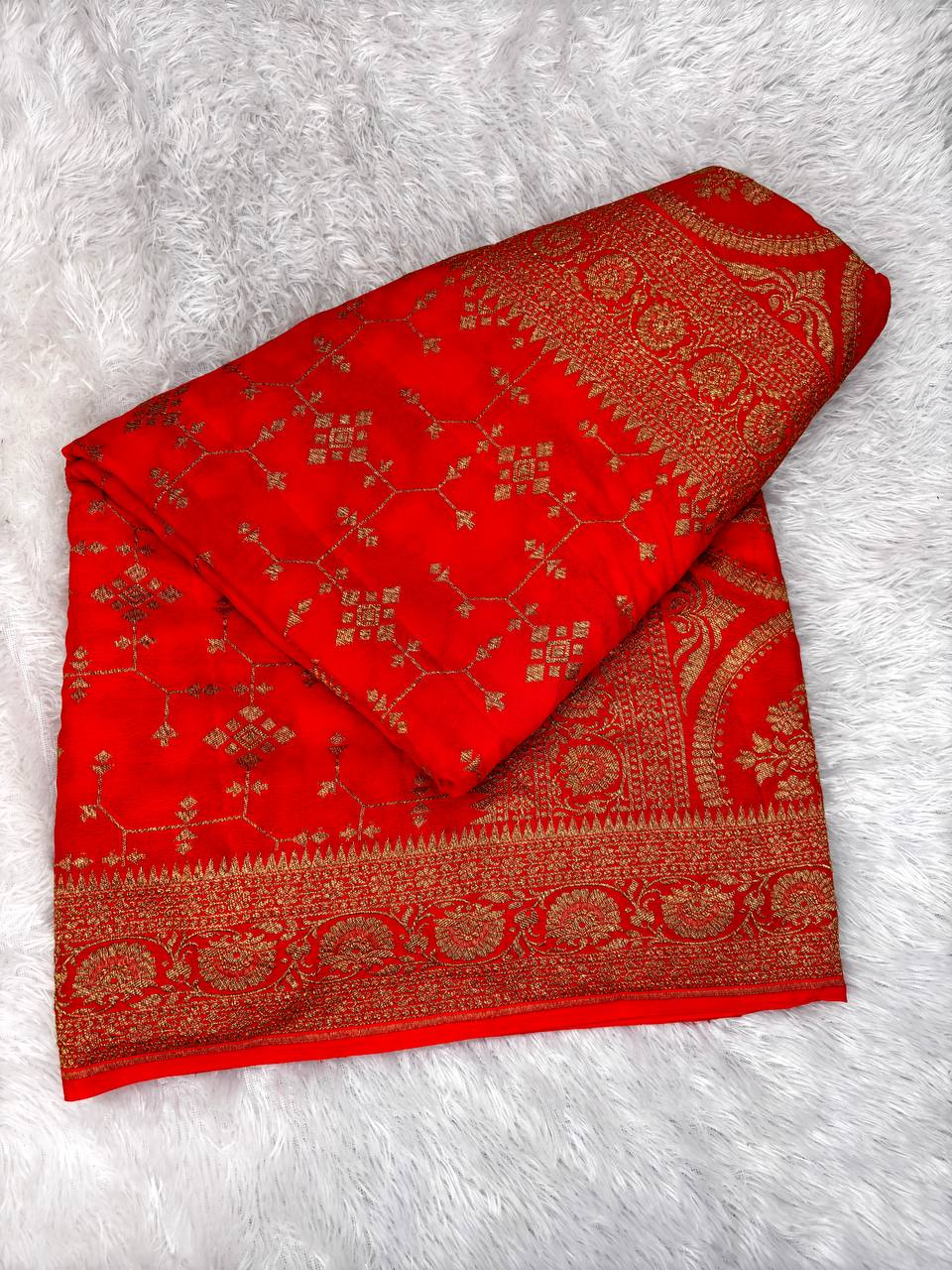Vibrant Scarlet Red Banarasi Khaddi Crepe Georgette Saree with Geometric Zari Jaal and Scalloped Architectural Pallu