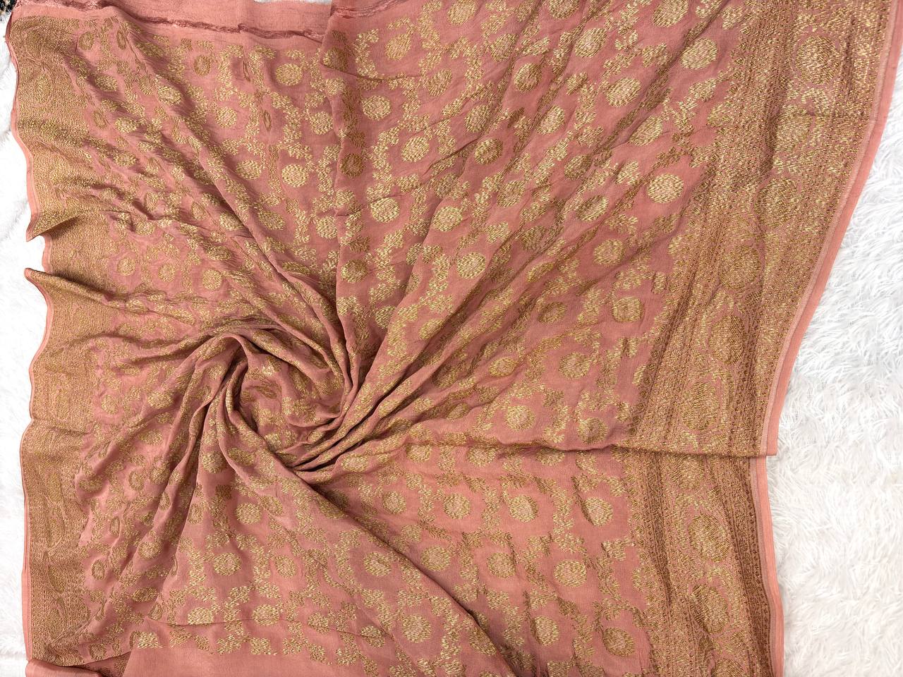 Dusty Rose Banarasi Khaddi Crepe Georgette Saree with Fine Zari Buti Jaal and Scalloped Antique Gold Border