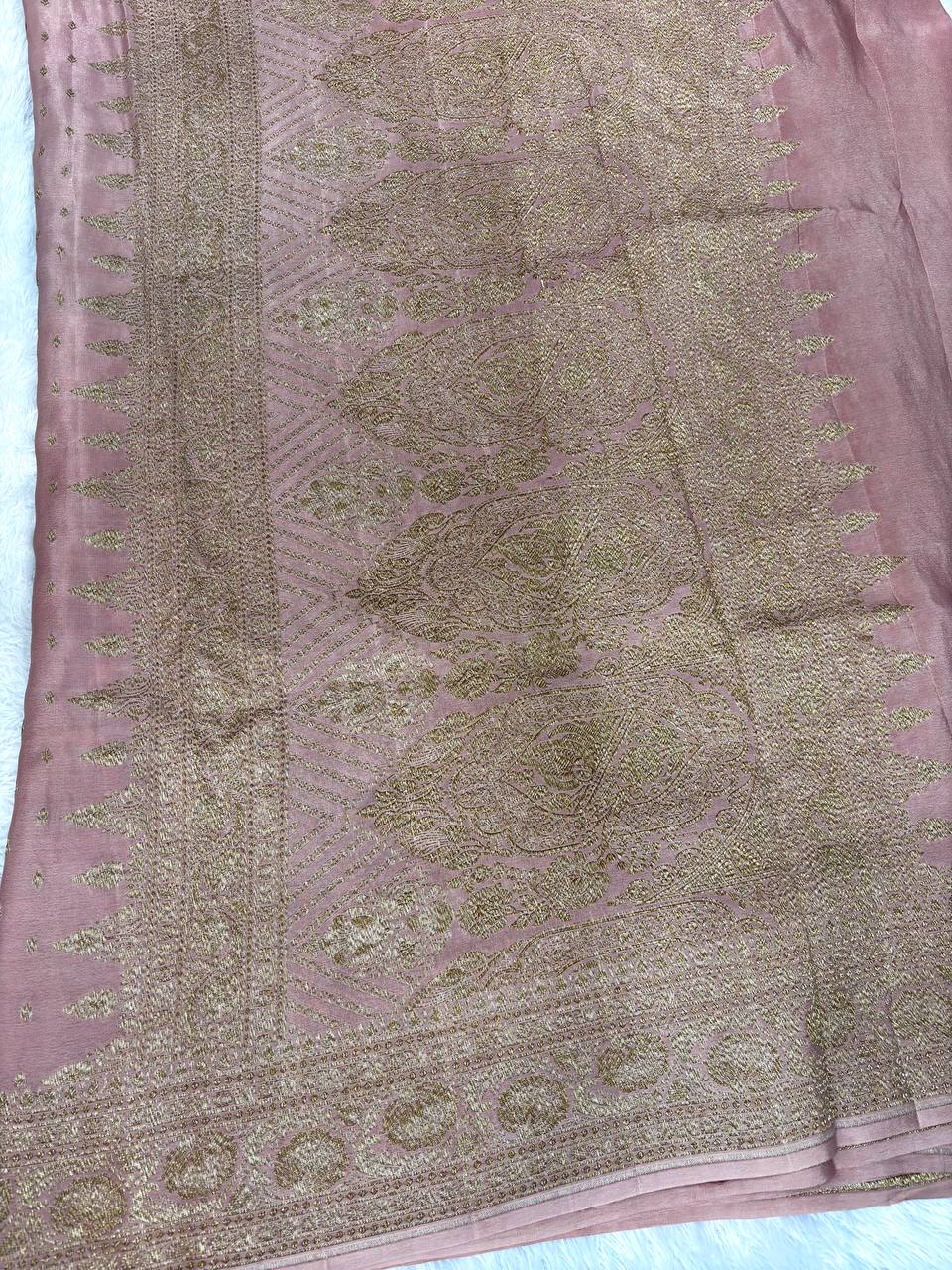 Dusty Rose Banarasi Khaddi Crepe Georgette Saree with Fine Zari Buti Jaal and Scalloped Antique Gold Border