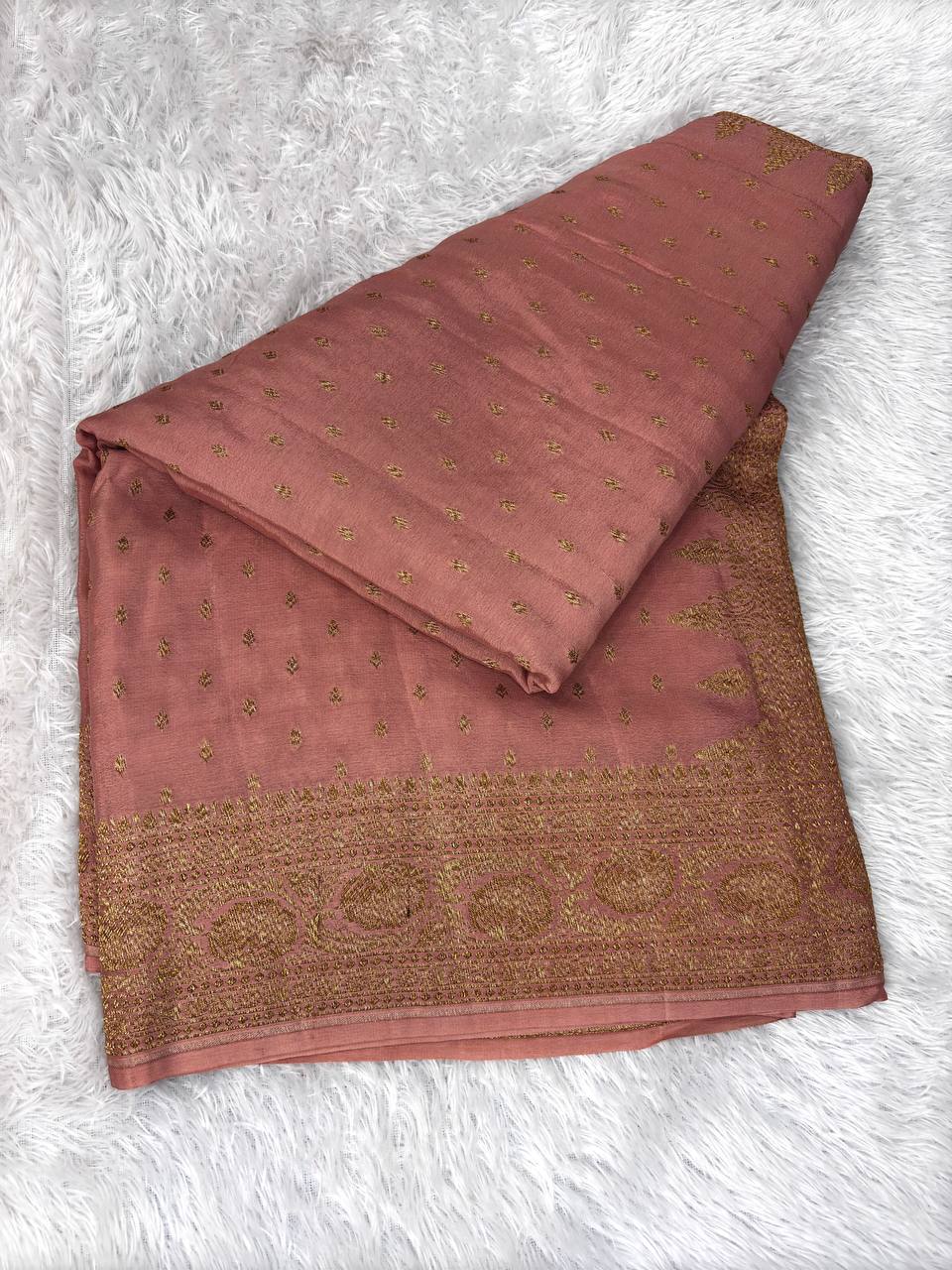 Dusty Rose Banarasi Khaddi Crepe Georgette Saree with Fine Zari Buti Jaal and Scalloped Antique Gold Border
