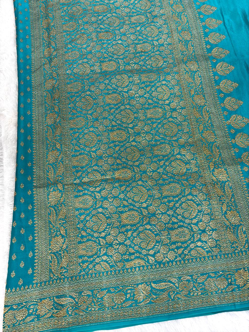 Turquoise Peacock Khaddi Crepe Georgette Saree with Fine Paisley Buti Jaal and Intricate Floral Pallu