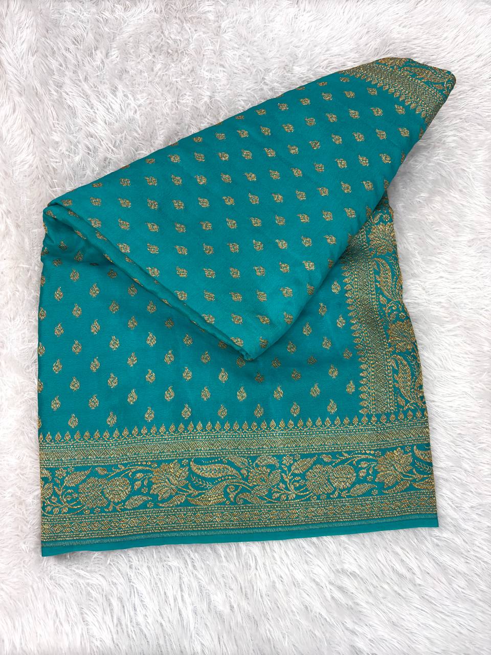 Turquoise Peacock Khaddi Crepe Georgette Saree with Fine Paisley Buti Jaal and Intricate Floral Pallu