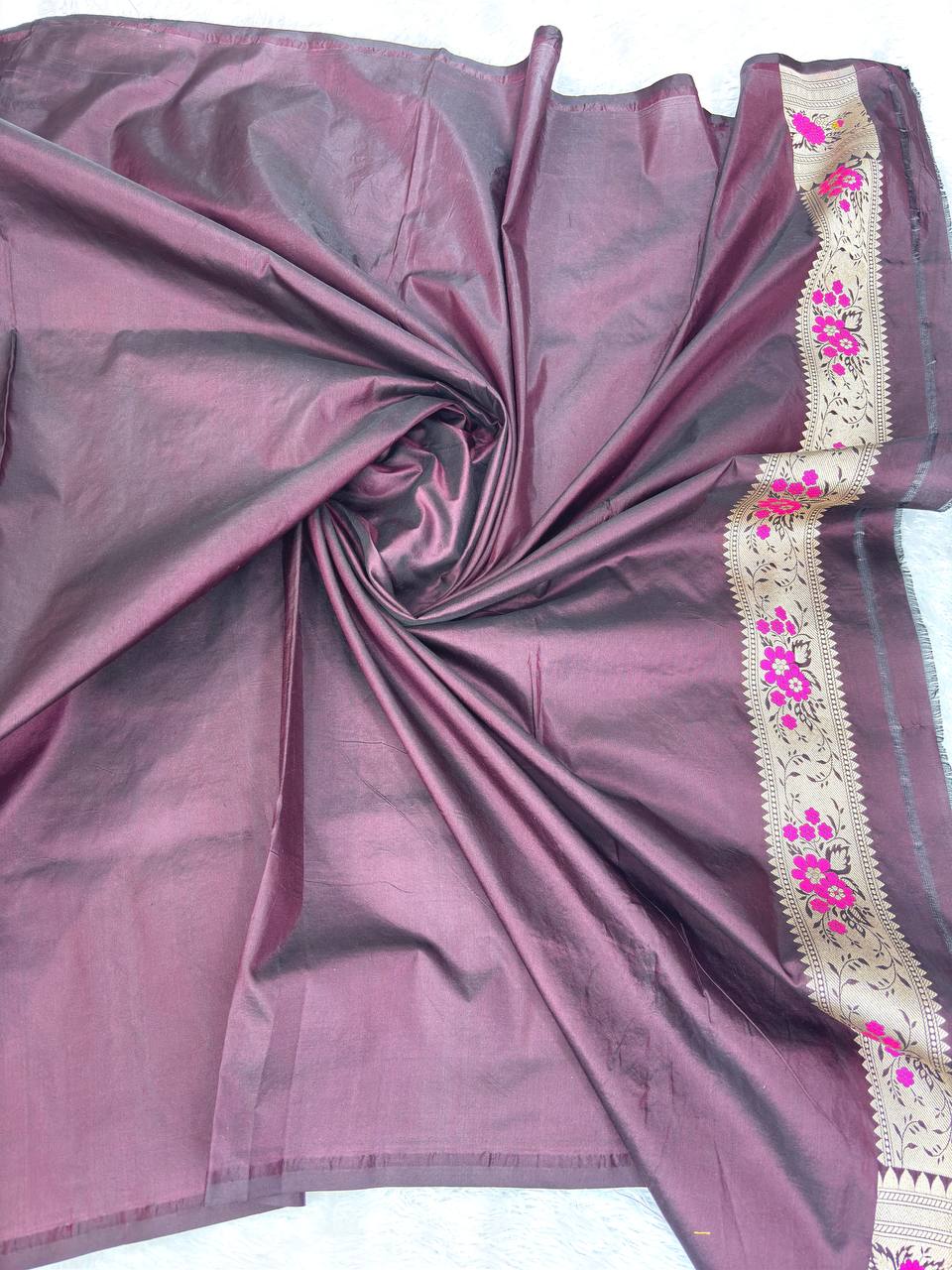 Deep Wine Katan Silk Jungla Saree with Meenakari Cutwork and Alfi Borders