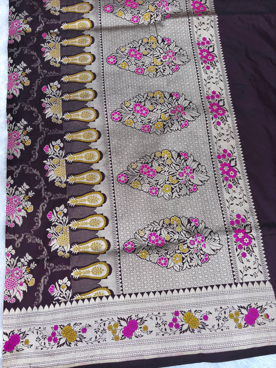 Deep Wine Katan Silk Jungla Saree with Meenakari Cutwork and Alfi Borders