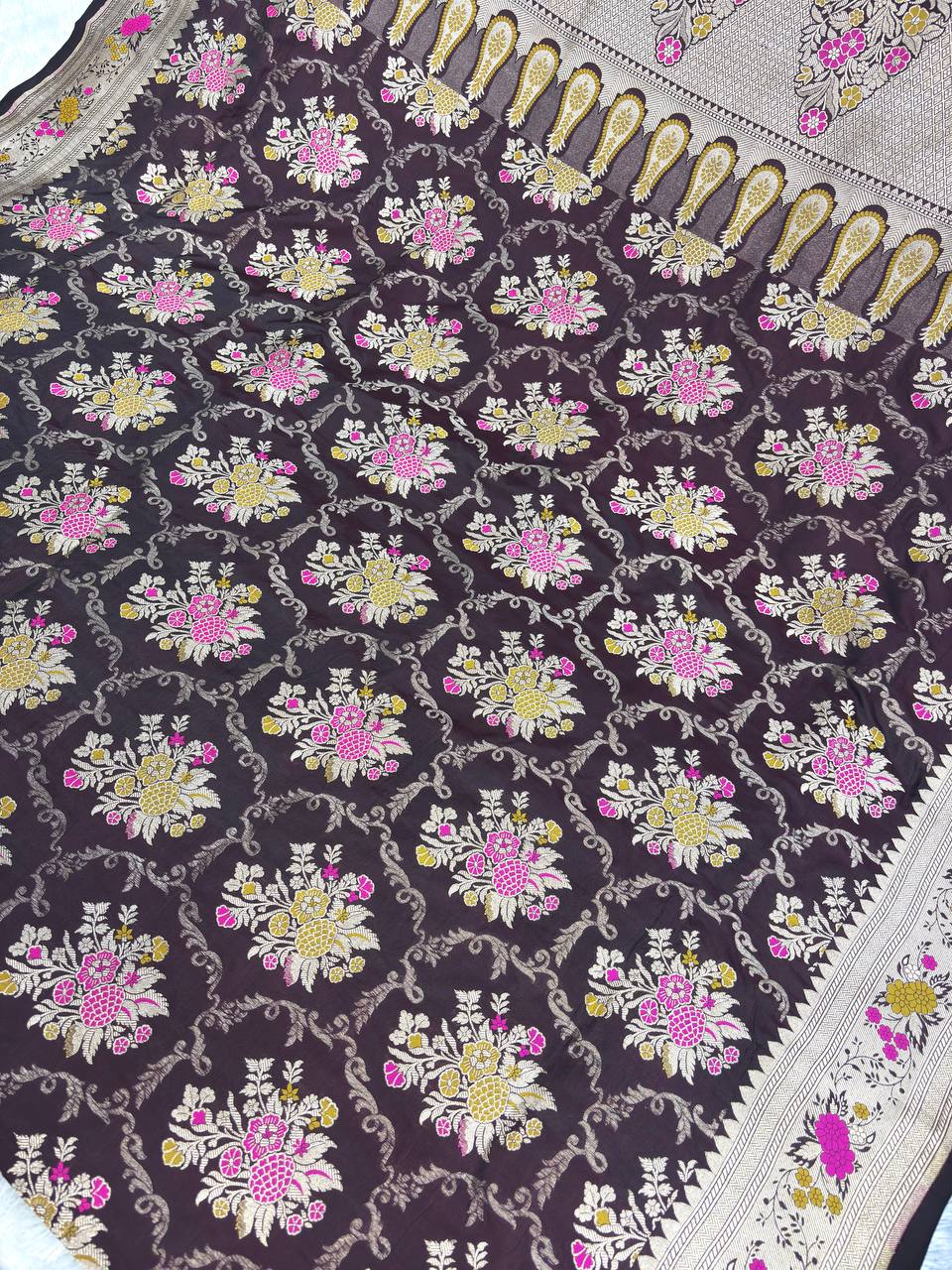 Deep Wine Katan Silk Jungla Saree with Meenakari Cutwork and Alfi Borders