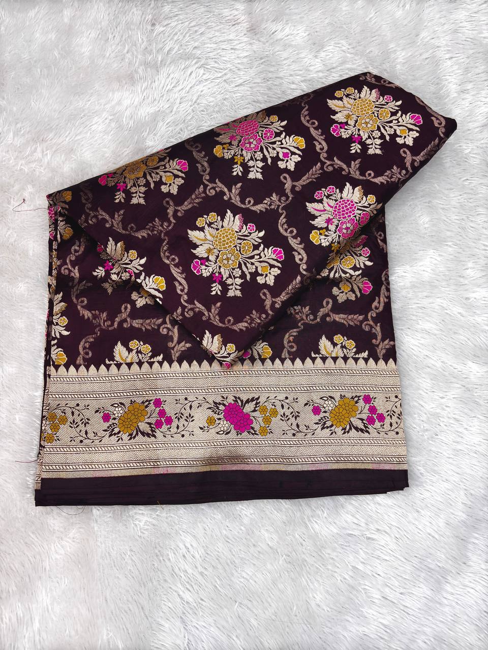 Deep Wine Katan Silk Jungla Saree with Meenakari Cutwork and Alfi Borders