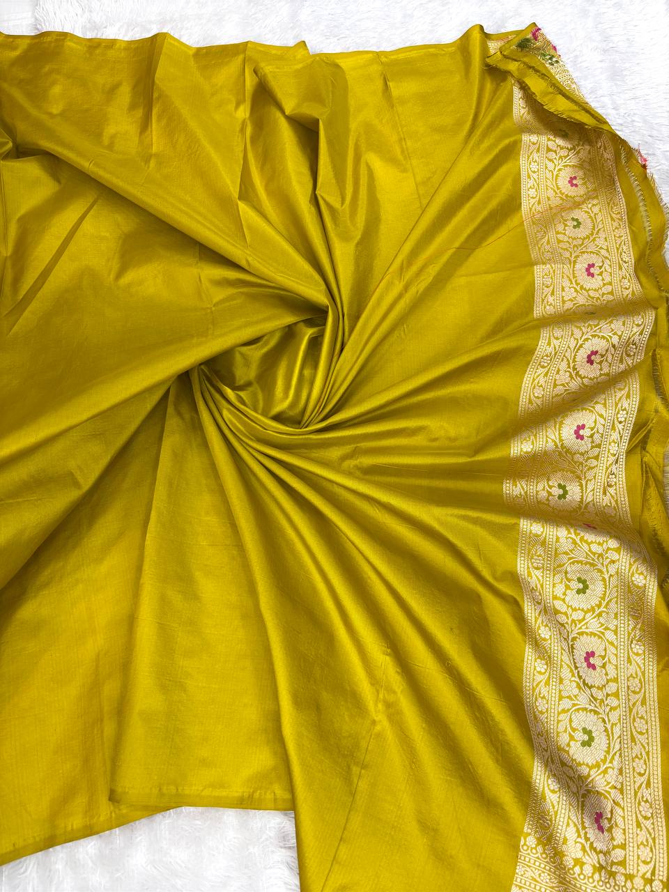 Mustard Gold Katan Silk Jungla Saree with Silver Zari Jaal and Meenakari Accents