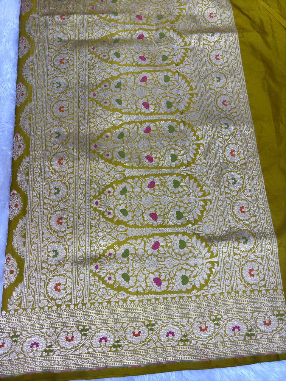 Mustard Gold Katan Silk Jungla Saree with Silver Zari Jaal and Meenakari Accents