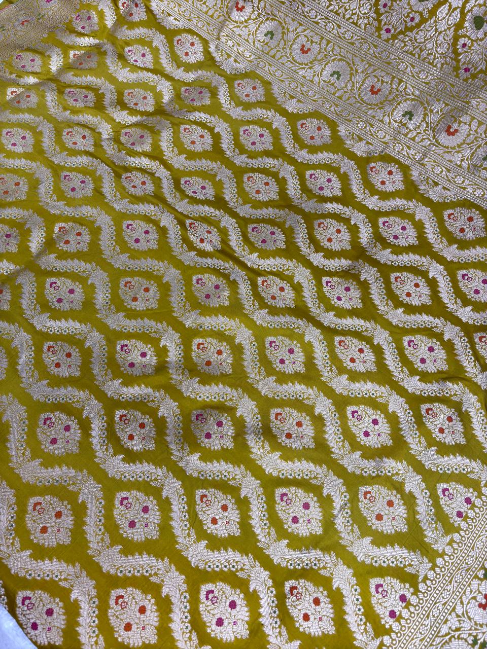 Mustard Gold Katan Silk Jungla Saree with Silver Zari Jaal and Meenakari Accents