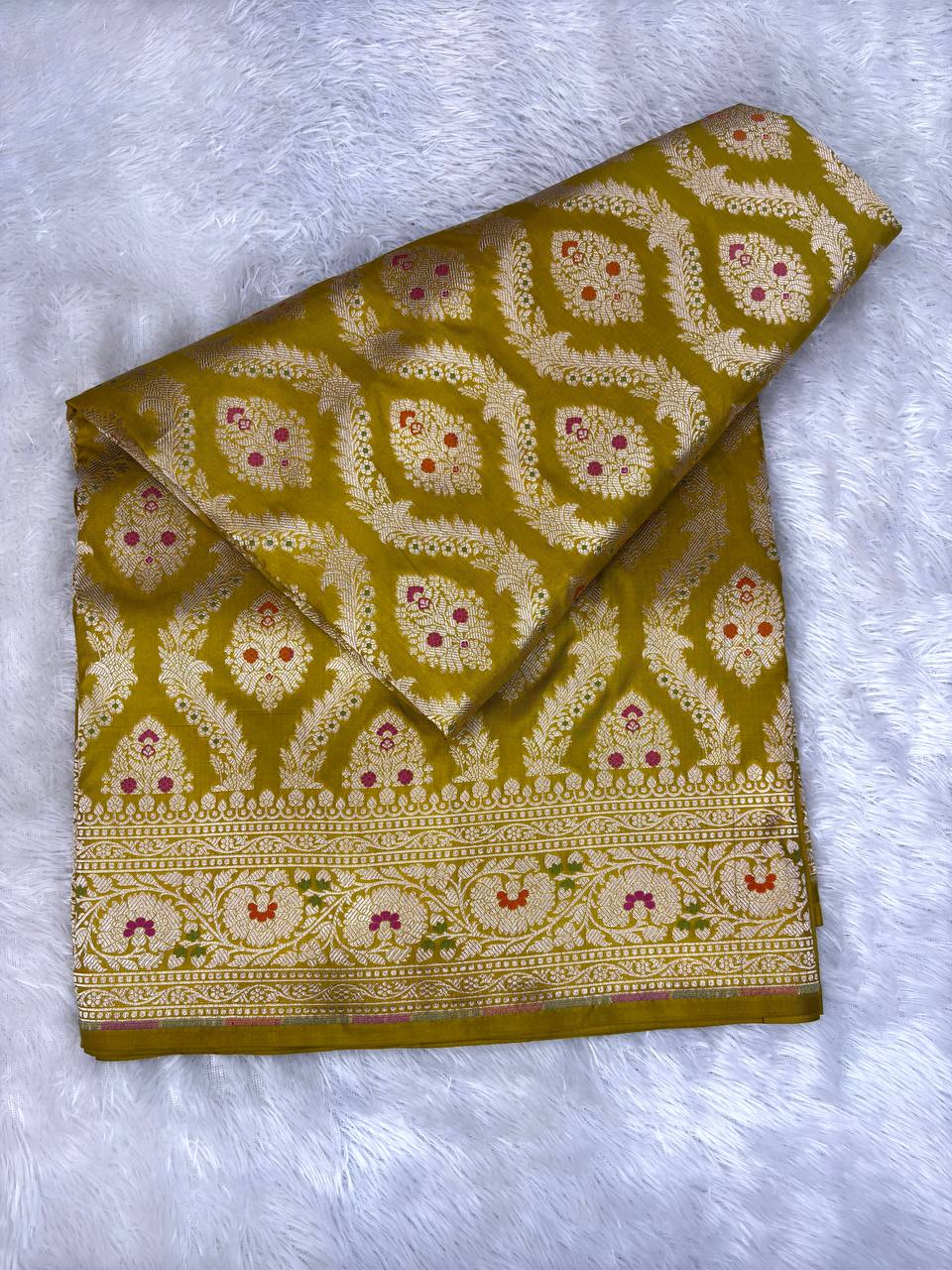 Mustard Gold Katan Silk Jungla Saree with Silver Zari Jaal and Meenakari Accents
