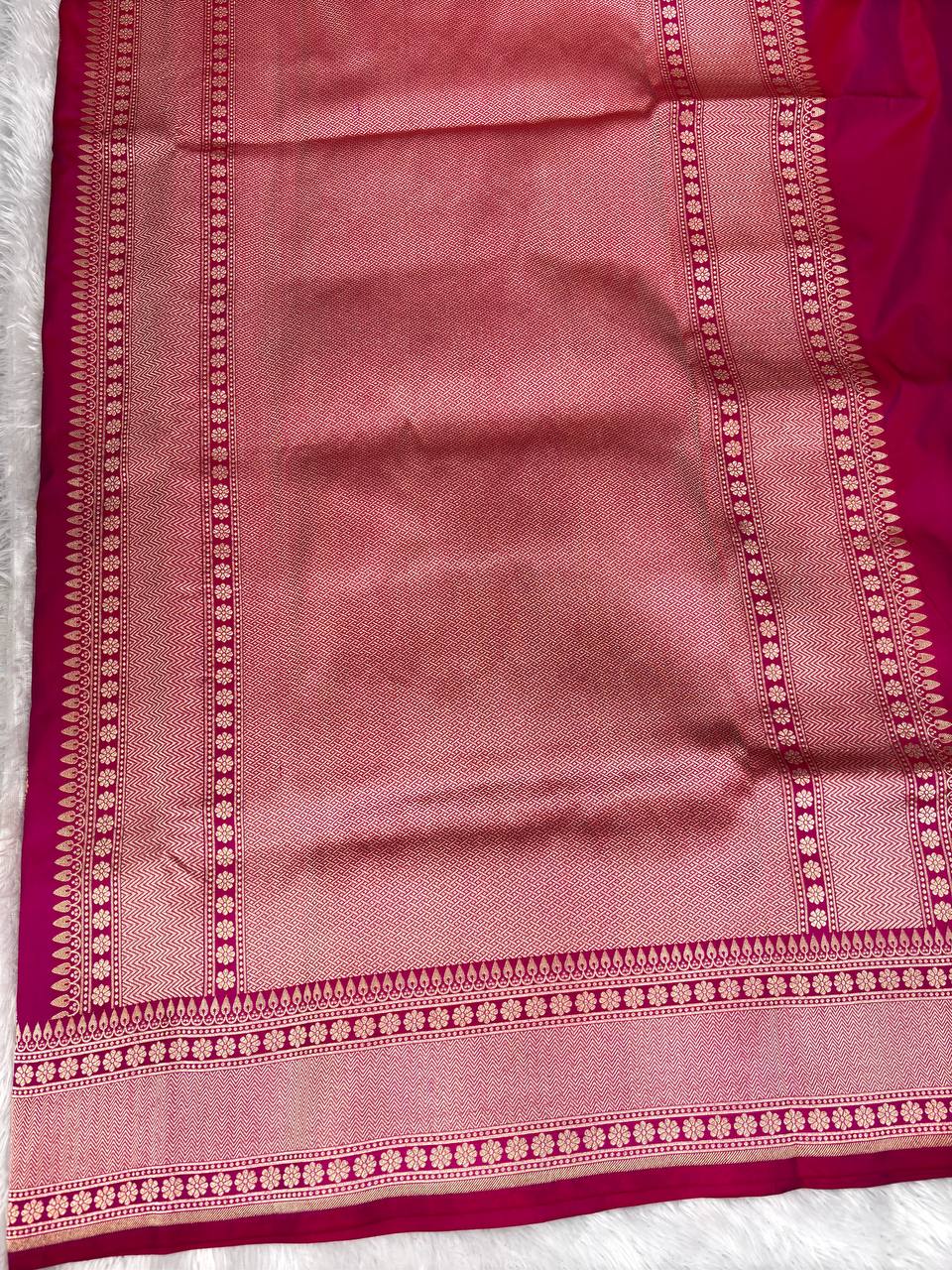 Rani Pink Katan Silk Saree with Antique Gold Zari Butas and Meenakari Detailing