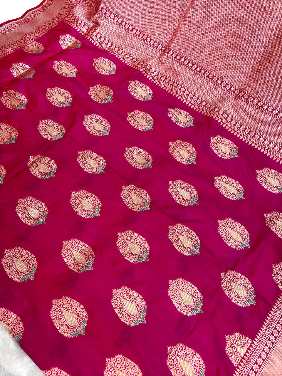 Rani Pink Katan Silk Saree with Antique Gold Zari Butas and Meenakari Detailing