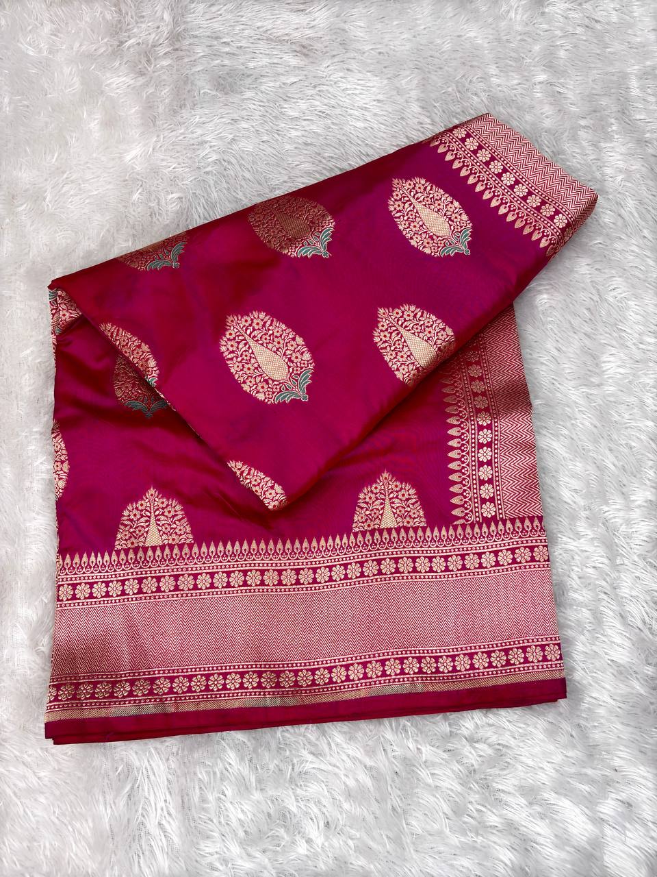 Rani Pink Katan Silk Saree with Antique Gold Zari Butas and Meenakari Detailing