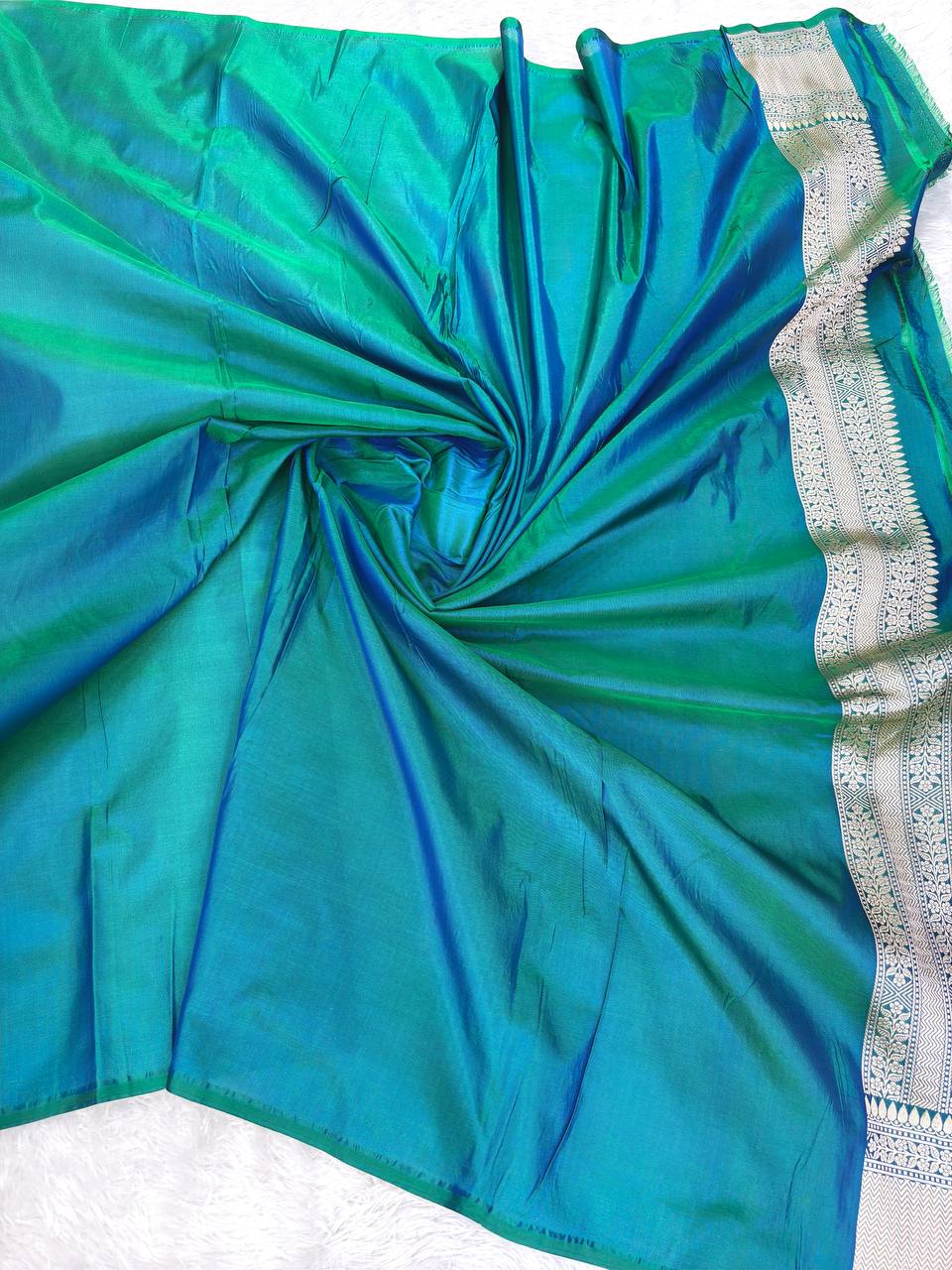 Peacock Green Katan Silk Jungla Saree with Silver Zari Jaal and Multi-Color Meenakari