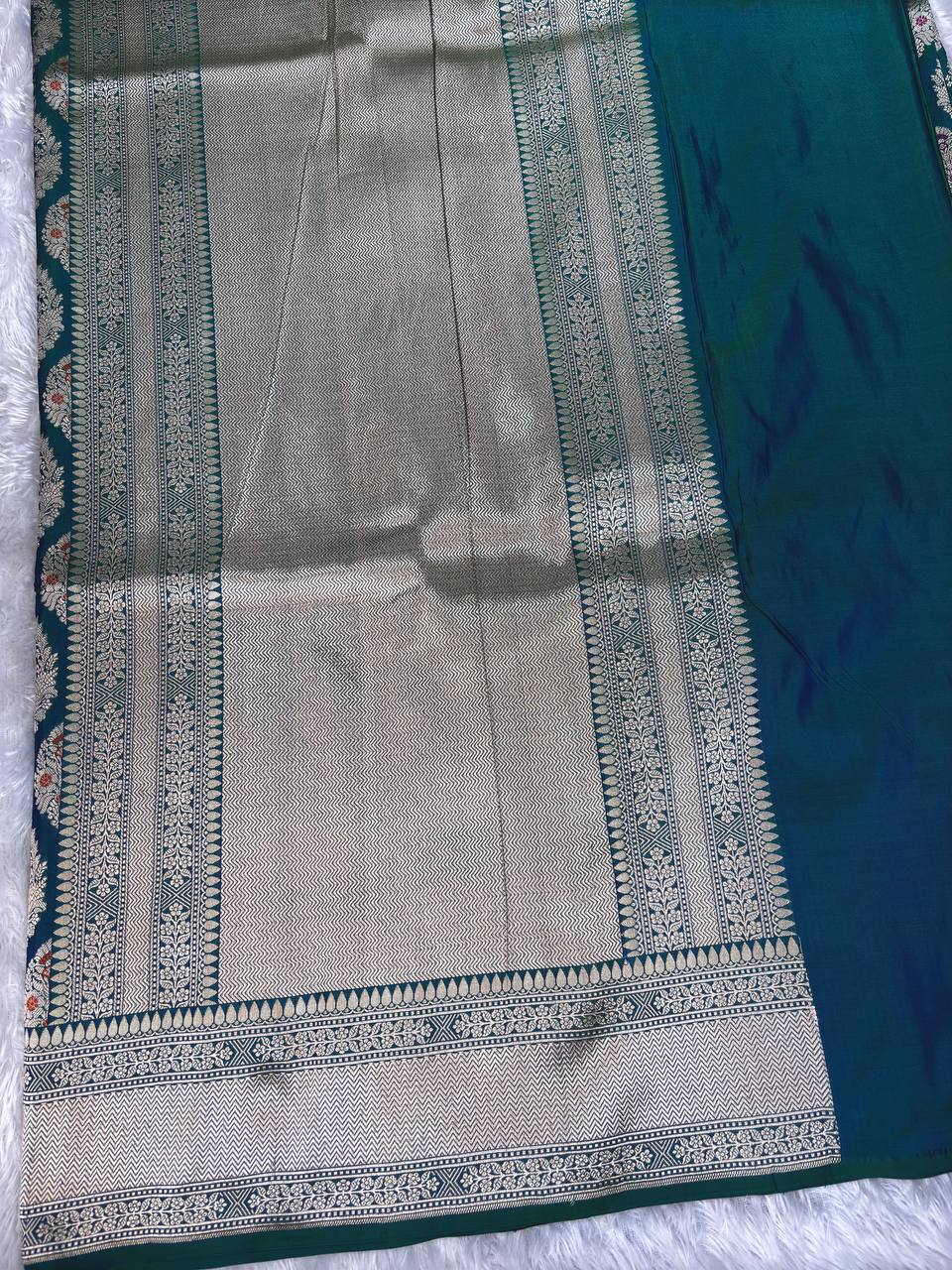 Peacock Green Katan Silk Jungla Saree with Silver Zari Jaal and Multi-Color Meenakari