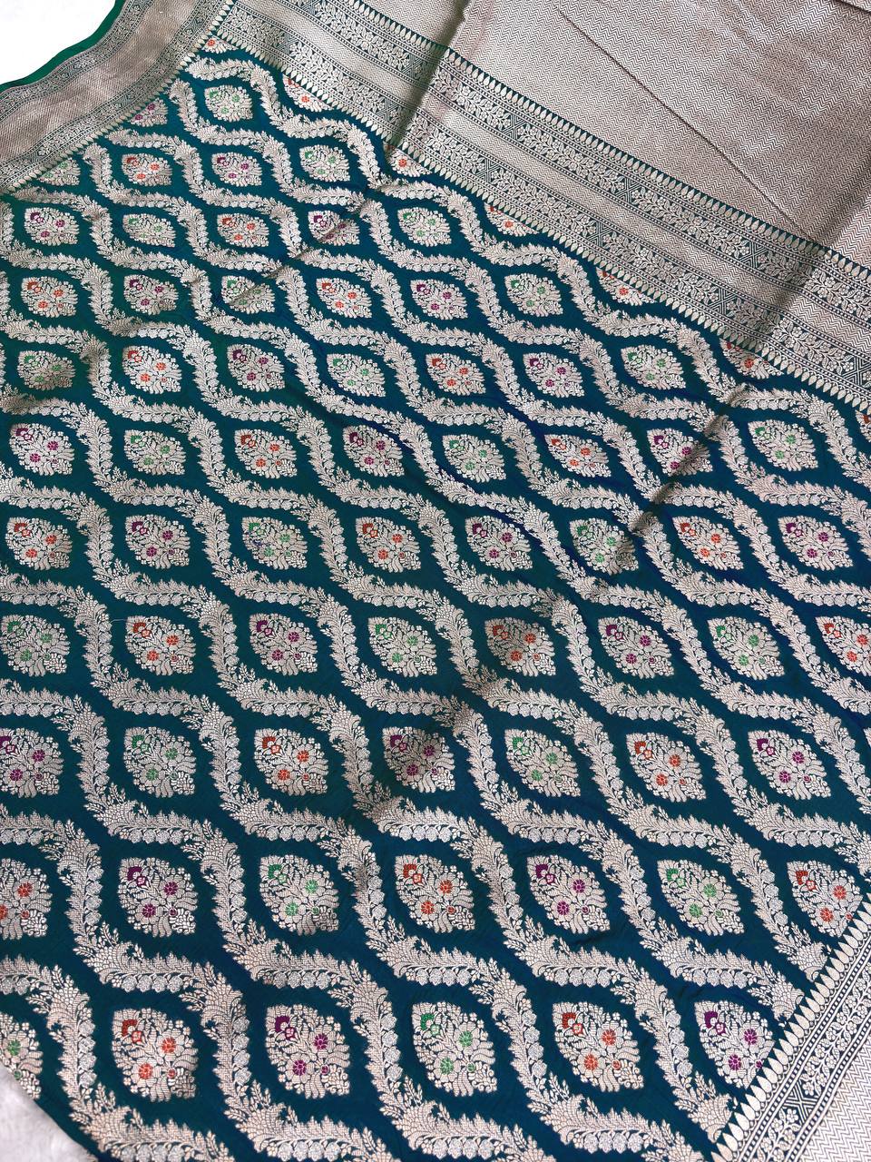 Peacock Green Katan Silk Jungla Saree with Silver Zari Jaal and Multi-Color Meenakari