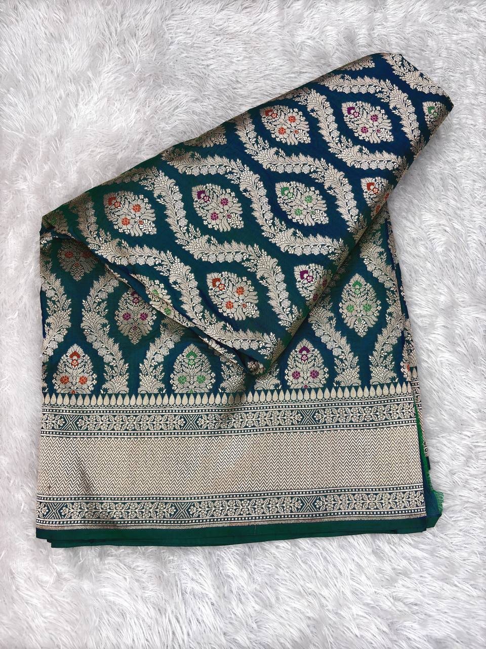 Peacock Green Katan Silk Jungla Saree with Silver Zari Jaal and Multi-Color Meenakari